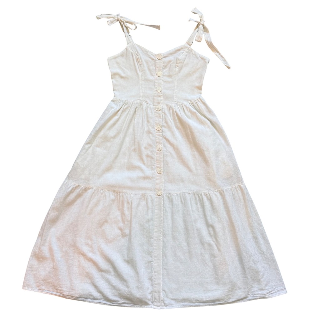 Urban Outfitters White Cotton Button Down Tie Strap Tiered Midi Dress Womens S
